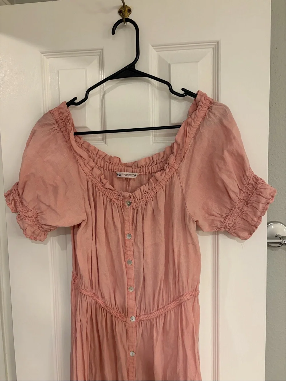 Zara 100% Linen Off Shoulder Button Front Midi Dress XL Pink